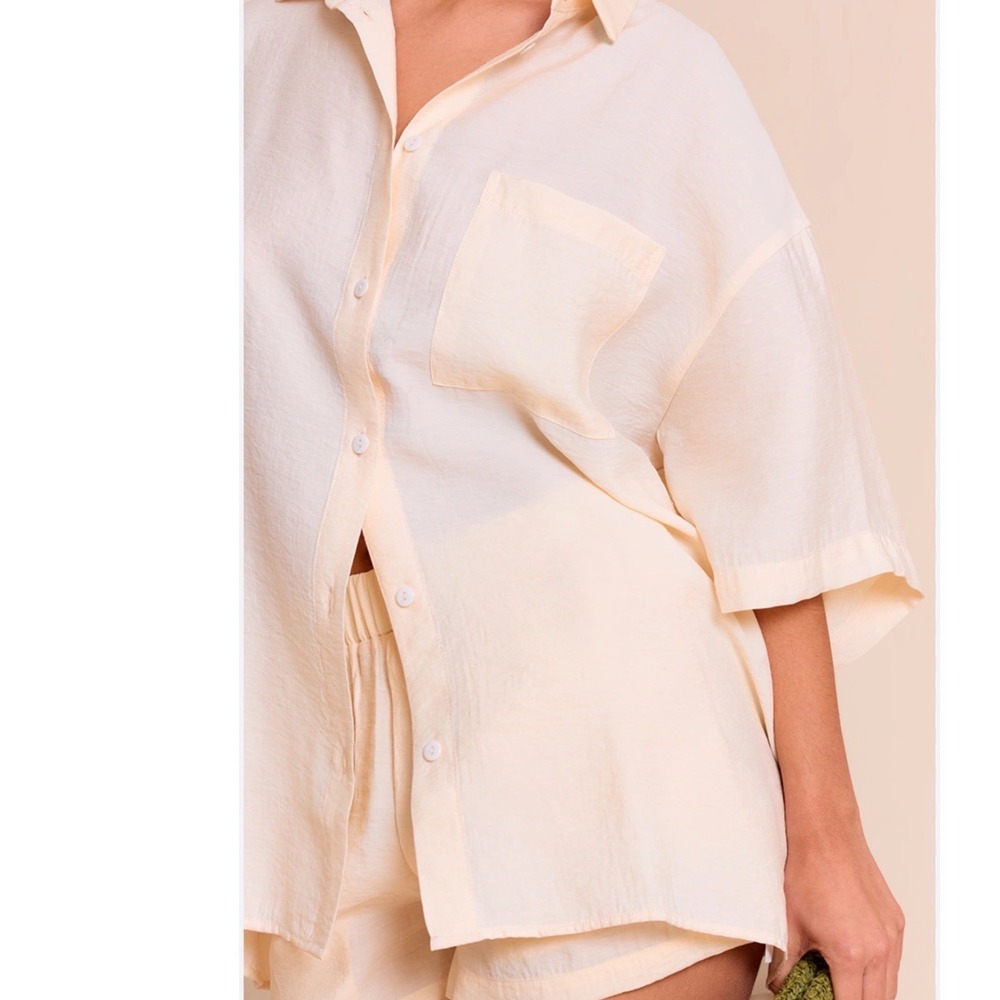 PrettyLittleThing Cream Linen Blend Oversized Short Sleeve Button Down Shirt 6